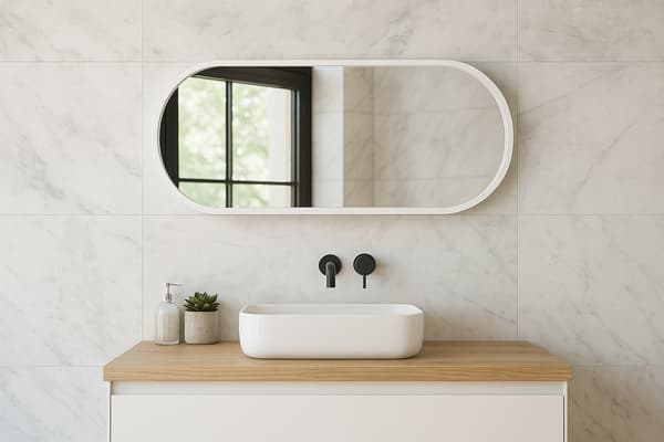 Badrumsspegel LEJA oval trä vit matt 80x48 stilfull