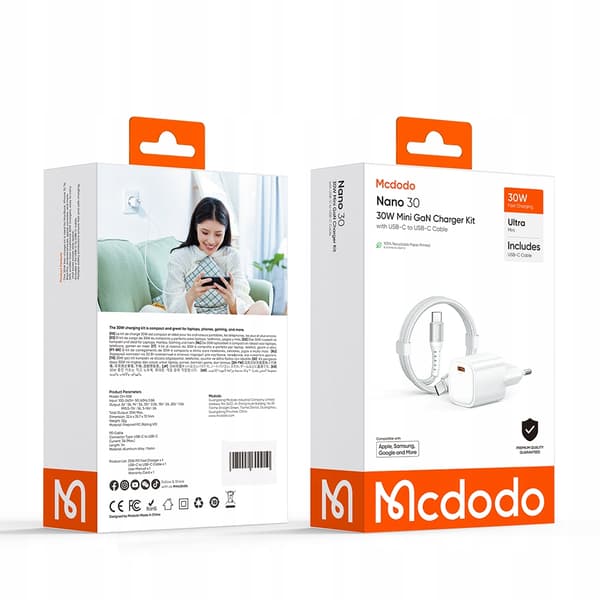 MCDODO SNABB VÄGGLADDARE USB TYP C NÄMFÖRING 30W + USB-C KABEL 1M