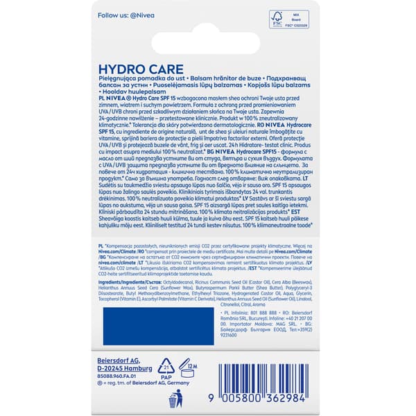 Nivea Hydro Care pflegender läppbalsam 4,8 g