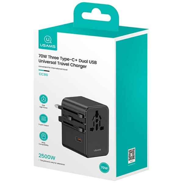 USAMS Rejseadapter CC310 3xUSB-C 70W 4in1 US/AU/EU/UK Sort