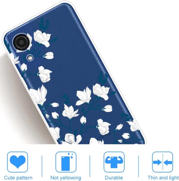 ETUI TIL SAMSUNG GALAXY A03s KLAR SILIKONE HVIDE BLOMSTER + GLAS
