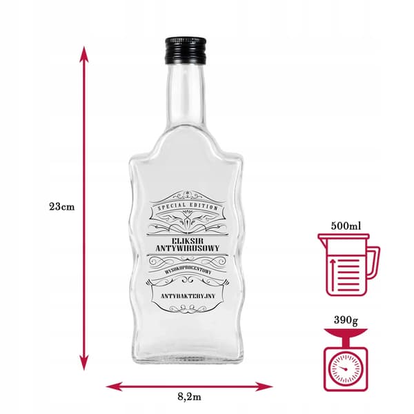 5x FALA-FLASKOR 500 ml MED TRYCK ANTIVIRUSELIXIR 0,5L för alkohol