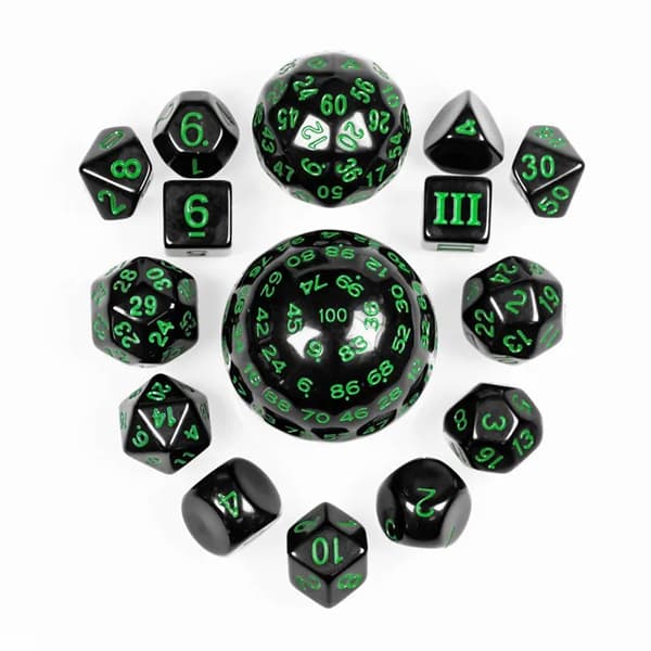 RPG-tärningar svarta och gröna set med 15 tärningar