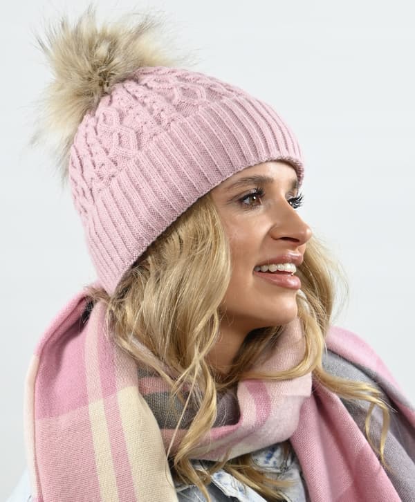Damvintermössa i rosa med pompom, varm fleecemössa PL