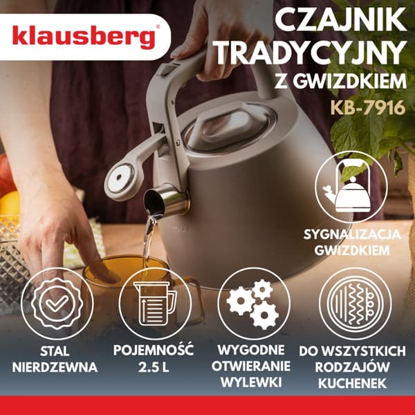 STÅLKEDEL MED FLØJTE 2,5L KLAUSBERG KB-7916