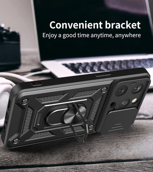 ARMORED ETUI TIL APPLE IPHONE 14 PRO SORT KAMERABESKYTTELSE MED RING