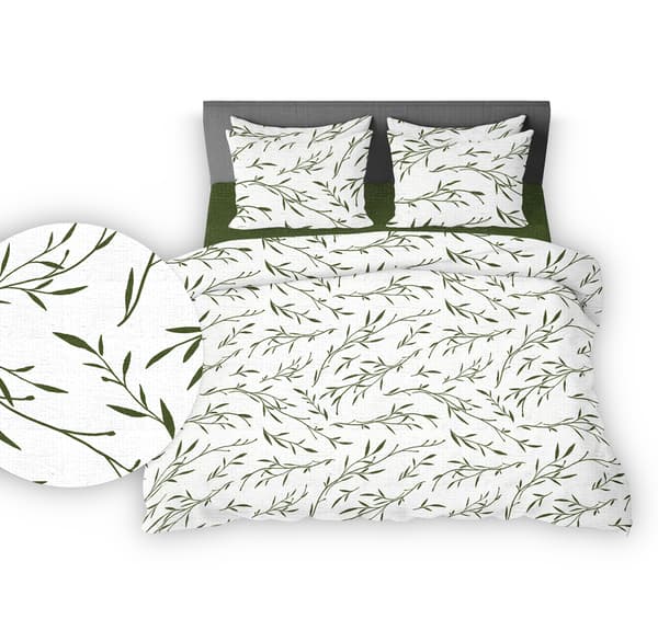 Barksängkläder 160x200 vit grön teafärgade blad