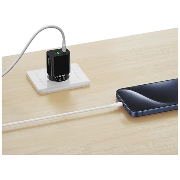 USAMS CC316 T65 30W Vægoplader 1xUSB-C 1xUSB-A Hurtigopladning Sort