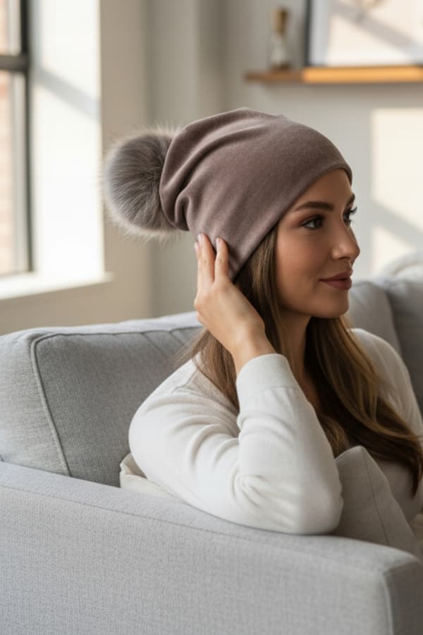 Moderigtig fløjlshue med pompon latte fløjl efterår vinter universal