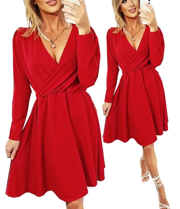 RÖD KLÄNNING DAM ELEGANT WRAP A-LINJE FORMELL M
