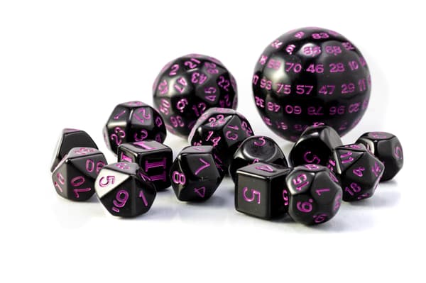 RPG terninger sort og lilla sæt med 15 terninger