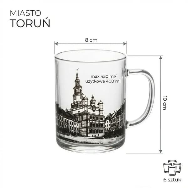 GLASMUGG MED TRYCK STADEN TORUŃ 400 ML SET MED 6 GLASMUGGAR GLAS