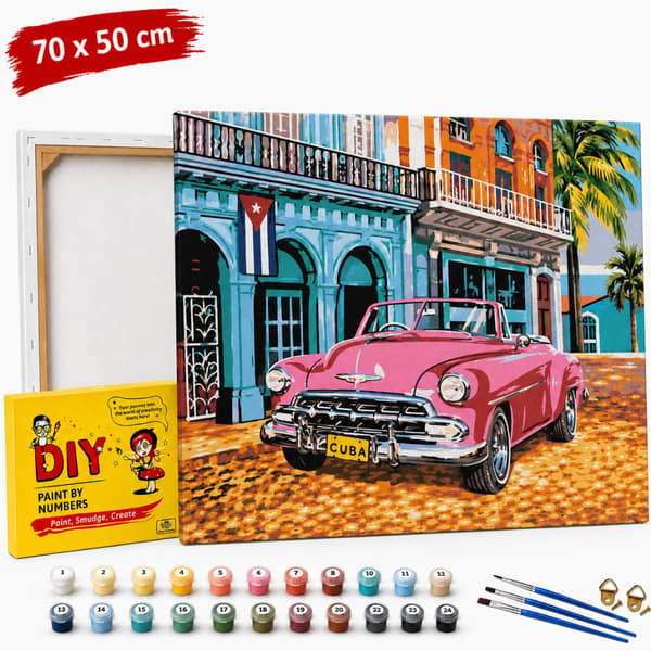 Måla efter siffror-tavla med ram rosa cabriolet på Kuba 70x50 cm