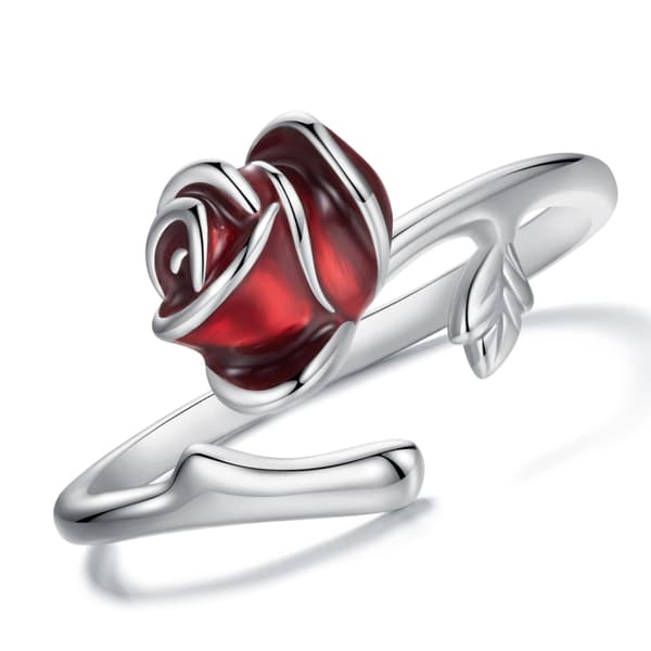 Justerbar silverring med röd ros, 925 silver