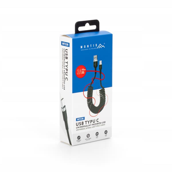 STARK KABEL MED SPIRALFJÄDER USB USB-C FLÄTAD 3A 1,5M FÖR BIL-IP