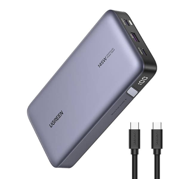 Powerbank 25000mAh Ugreen PB205, USB + 2x USB-C, 145W PD (grå)