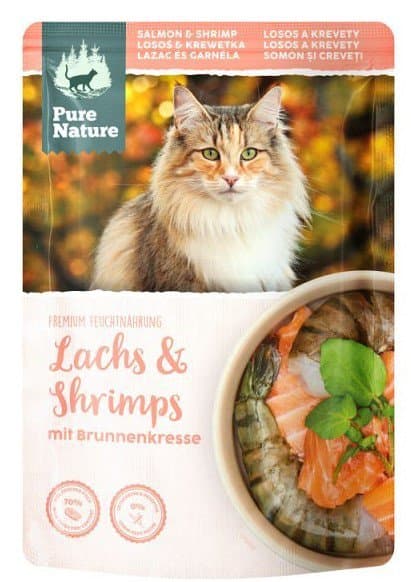 PURE NATURE KAT | Vådfoder til katte | 85 g pose - Voksen | Laks med rejer 85 g