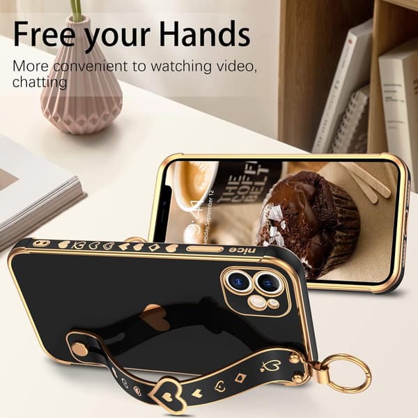 APPLE IPHONE 11 SILIKONE ETUI SORT GULD HJERTE + HOLDER A2111