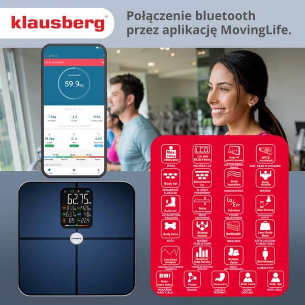 ÄLYKÄS IOS ANDROID ANALYYTTINEN KYLPYHUONEVAAKA KLAUSBERG KB-7940