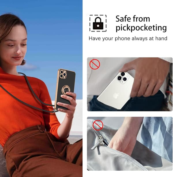 Apple iPhone 12 Pro Max -kotelo, musta, kiinteällä selkänauhalla