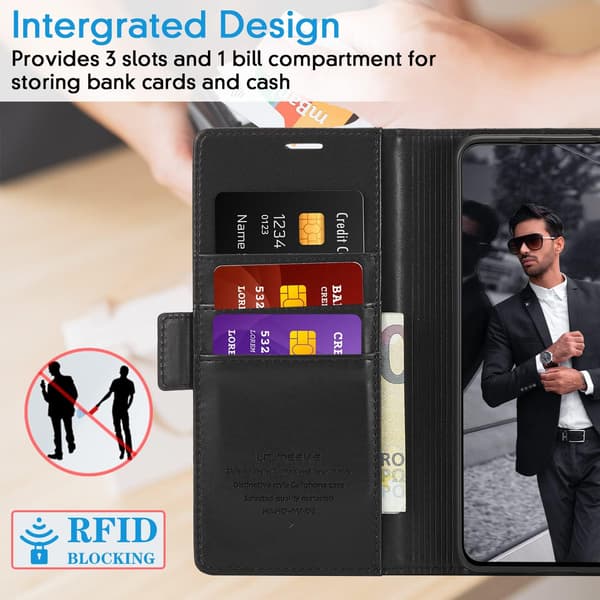 Flip-etui til SAMSUNG GALAXY S22+ 5G, sort, lavet af miljøvenligt læder, elegant