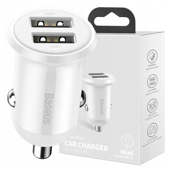 Baseus Grain Pro Biloplader 2x USB 4.8A (Hvid)