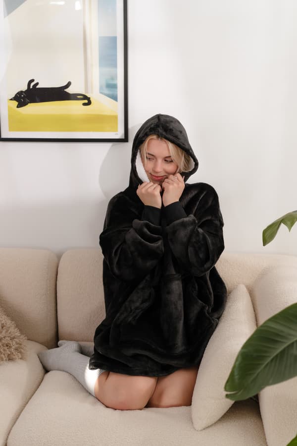 Tæppesweatshirt, large oversize, tyk, varm, med hætte, sort, blød