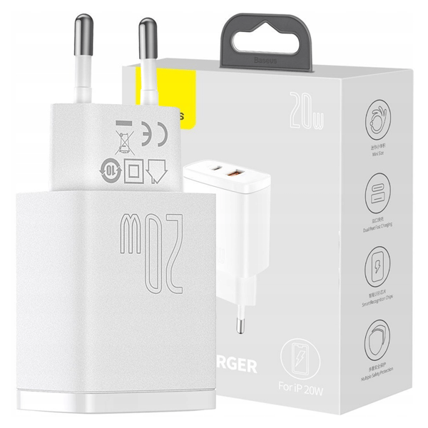 Baseus Compact -pikalaturi, USB, USB-C, 20W (valkoinen)