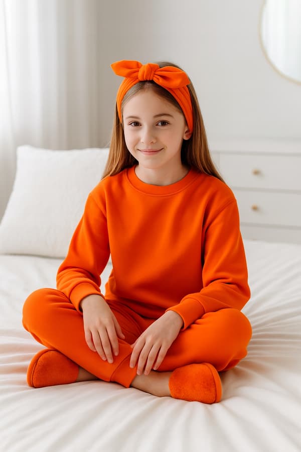 BOMULDSPYJAMAS 152 BØRNEPYJAMAS til børneværelset, 2 dele, ORANGE