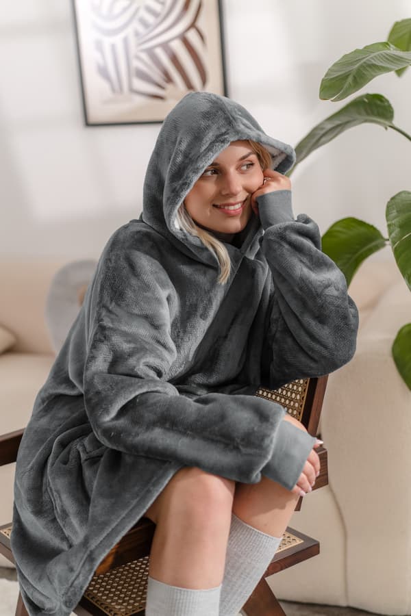 Tæppe med hætte tæppe sweatshirt grå universal blød tyk stor oversize