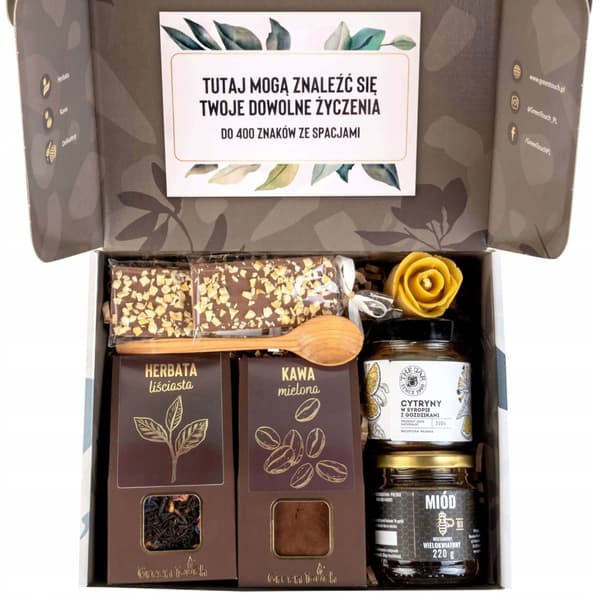 Gavesæt med te, kaffe, citron, honning og hilsen