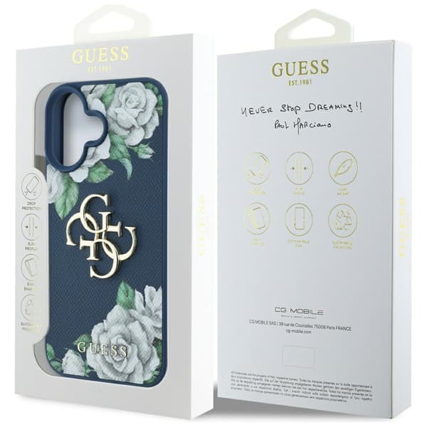 Guess Grained Roses Big 4G logo cover til iPhone 16 blå