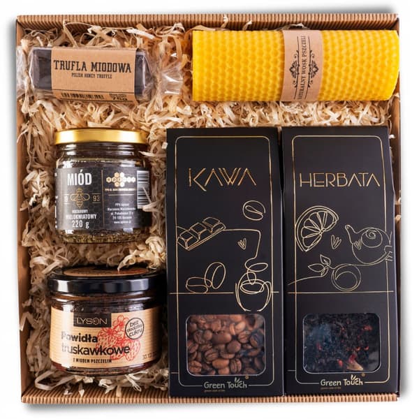 GAVEKURV TE KAFFE HONNING BLOMMEMARMELADE LYS GAVE PREMIUM ÆSKE