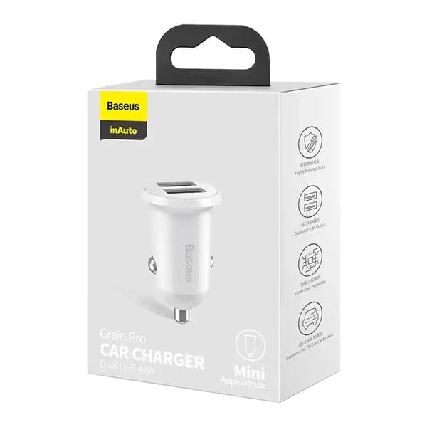 Baseus Grain Pro Autolaturi 2x USB 4.8A (Valkoinen)