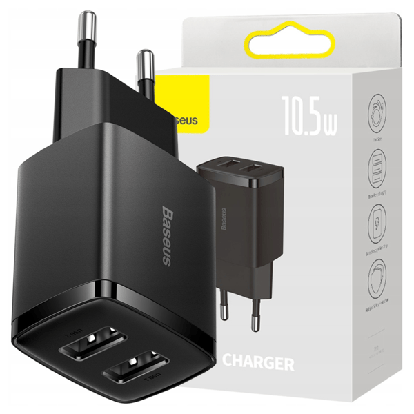 Baseus Kompakt Hurtigoplader, 2x USB, 10.5W (sort)