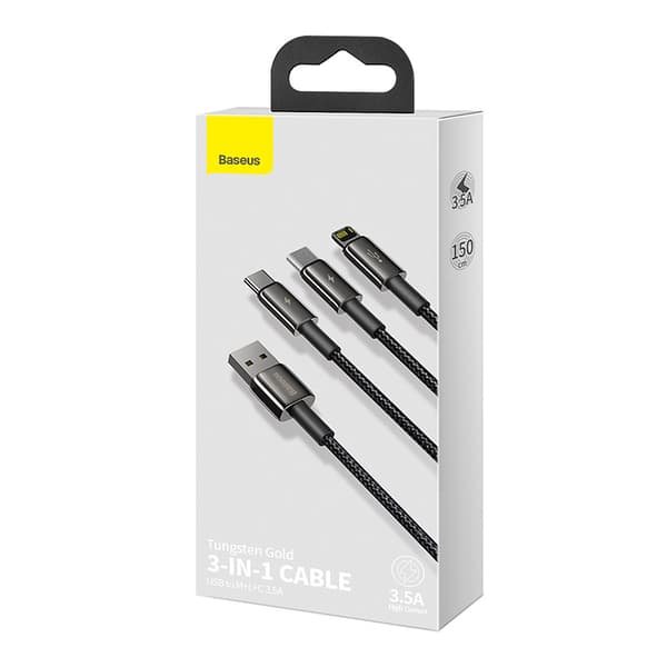 Baseus Tungsten Gold 3in1 USB-kaapeli, USB - micro USB / USB-C / Lightning, 3.5A, 1.5m (musta)