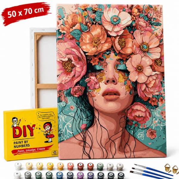 Mal efter tal med ramme Kvinde i en blomsterhave 50x70 cm