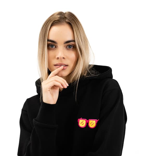 Sort oversized sweatshirt med trendy brillemønster, stilfuld og behagelig, S