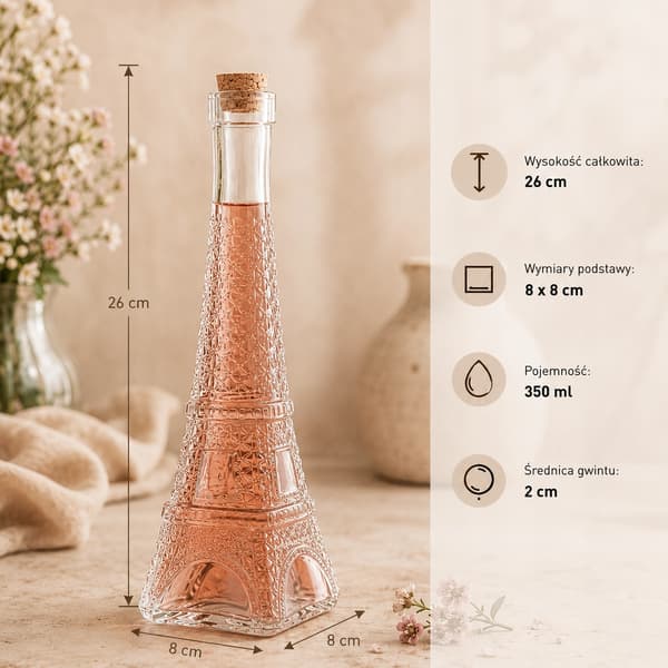 5x Paris Tower glasflaske 350ml til alkohol, likører, vin, bryllupsgave