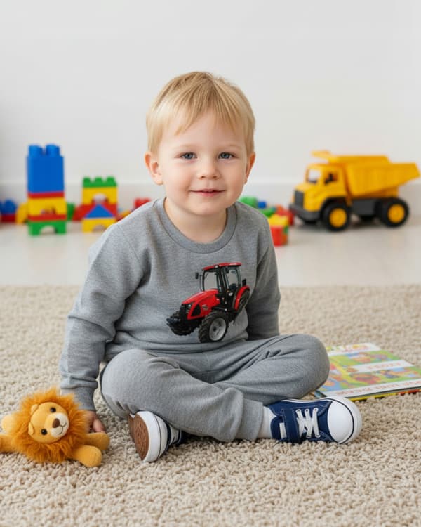BØRNEPYJAMAS 104 til DRENGE 100% bomuld TRAKTOR gråmeleret