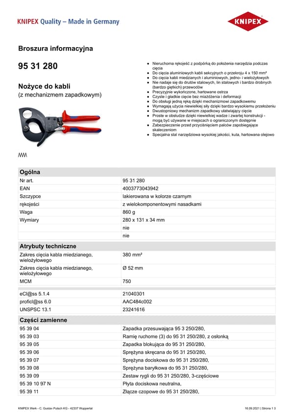 KABELKLIPPETANG 280MM, SKRALDEMEKANISME - KN 95 31 280