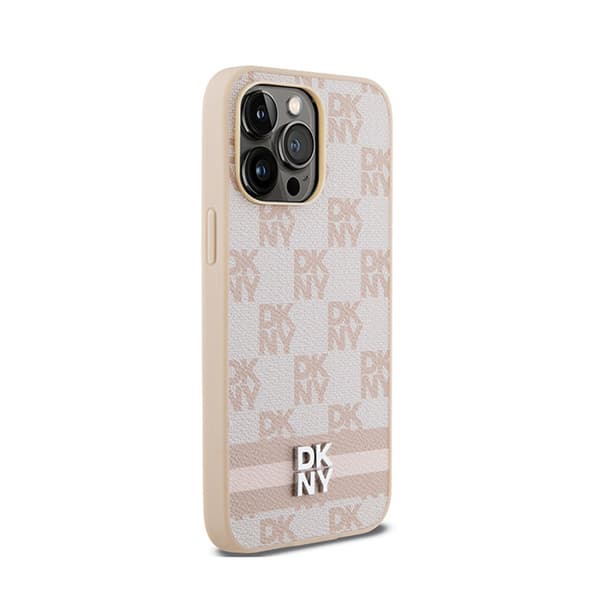 DKNY Læder Ternet Mono Mønster & Trykte Striber - iPhone 14 Pro Max Etui (Pink)