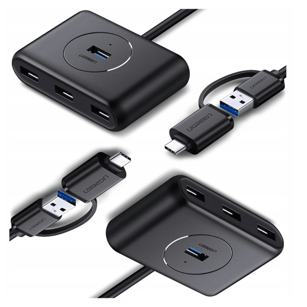 HUB USB 3.0 + USB-C 3.1 UGREEN 4-ports, OTG CR113 (sort)