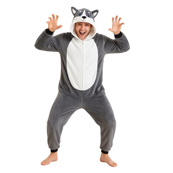 Kigurumi pyjamas kostume grå husky XXL: 185 - 195 cm