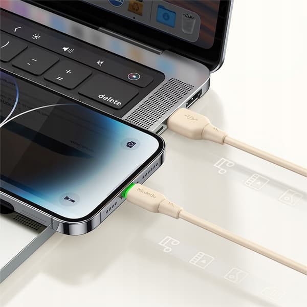 MCDODO Oplader USB Lightning Kabel Hurtigopladning til iPhone 1M LED Beige