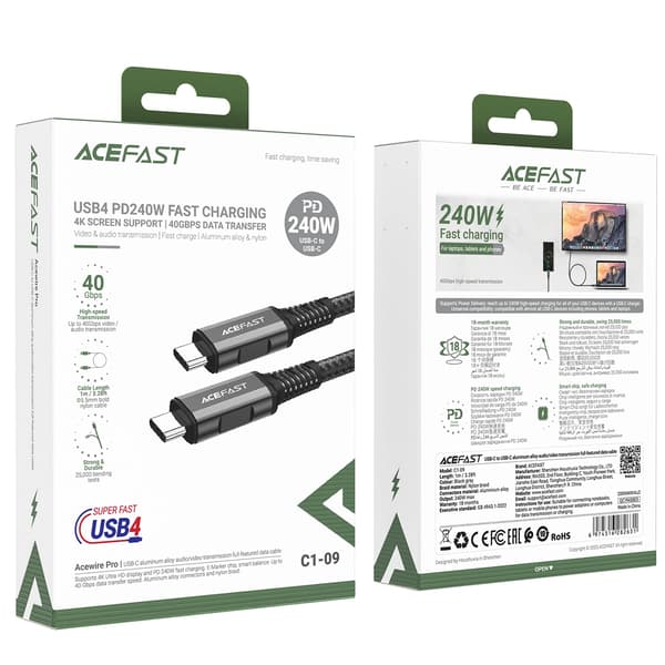 Acefast C1-09 USB-C / USB-C USB4 PD3.1 5A Kabel 1m - Grå-Svart