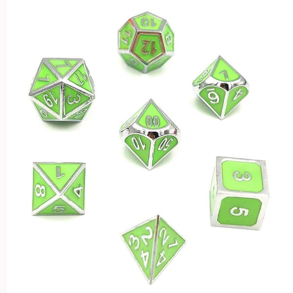 Whisper Glow RPG terningsæt med 7 glødende metalterninger