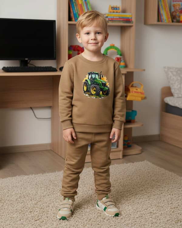 BARNPYJAMAS 122 för POJKAR 100% bomull TRAKTOR tryck beige