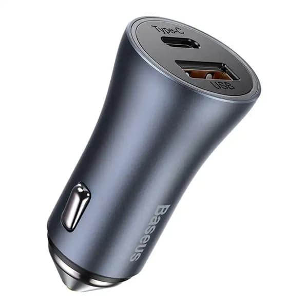 Baseus Golden Contactor Pro biloplader, USB + USB-C, QC4.0+, PD, SCP, 40W (grå) + USB til USB-C kabel 1m (sort)