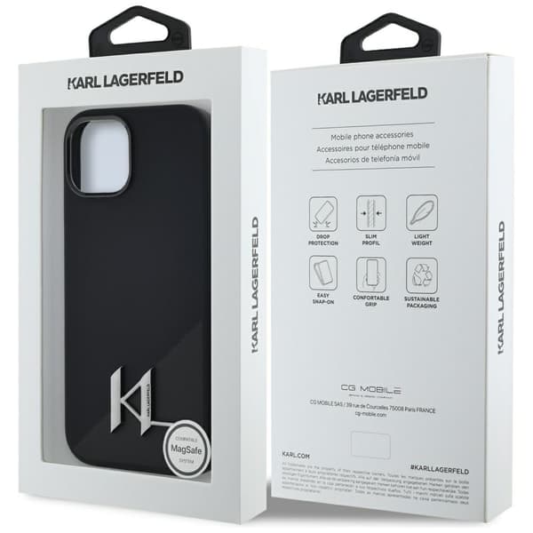 Karl Lagerfeld Silicone Shadow Metal Initial MagSafe -kotelo iPhone 15:lle, musta